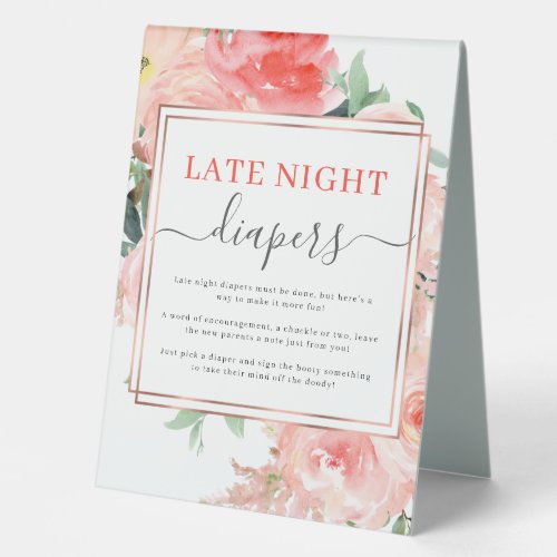 Late Night Diaper Baby Shower Game Peach Floral  Table Tent Sign