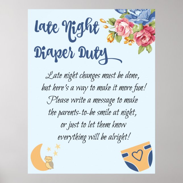 late night diaper duty blue baby shower game sign (Front)
