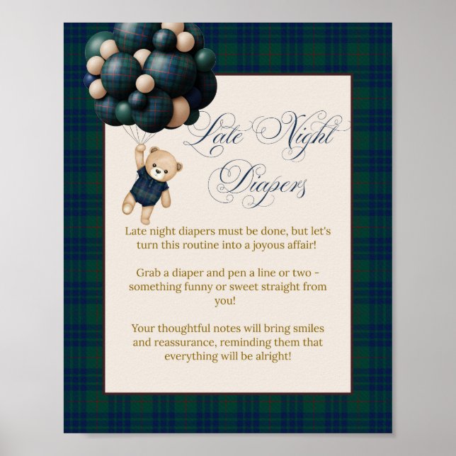 Late night diaper Preppy Teddy Balloon Baby Shower Poster (Front)