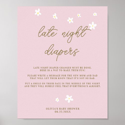 Late Night Diapers Baby Shower Boho Daisies Pink Poster