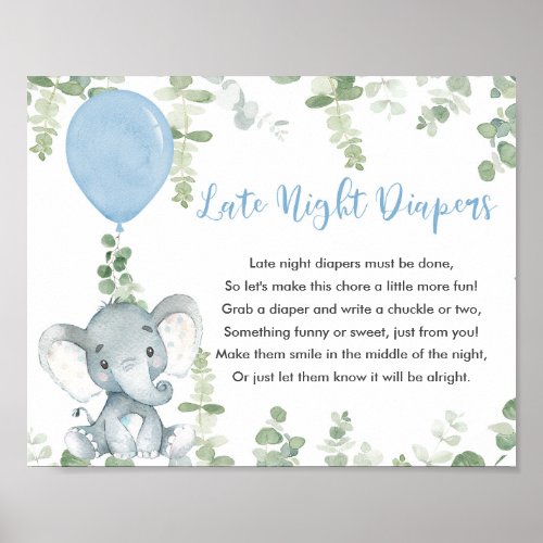 Late night diapers baby shower game blue elephant poster