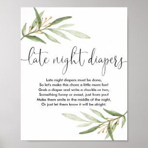 Late night diapers baby shower game greenery gold poster