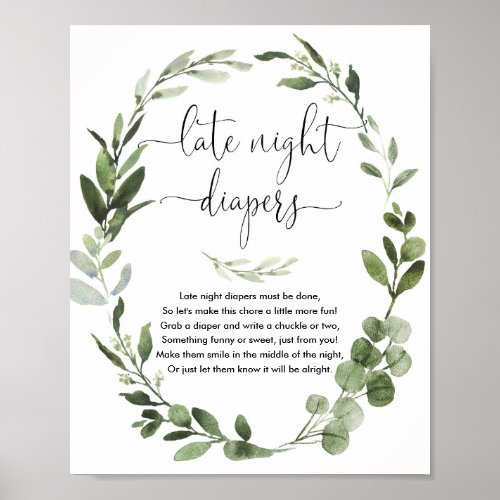 Late night diapers baby shower game greenery poster