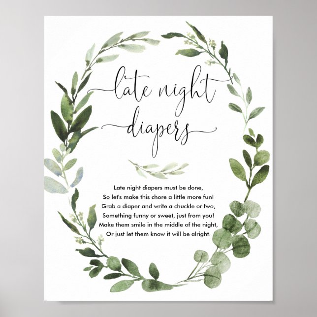 Late night diapers baby shower game greenery poster (Front)