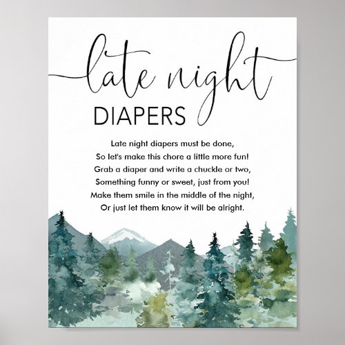 Late night diapers baby shower game mountains poster