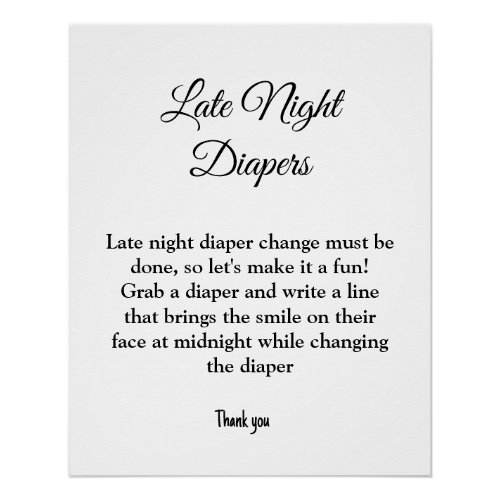 late night diapers baby shower game poster