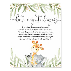 Late night diapers baby shower game safari animals poster