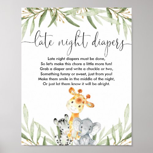 Late night diapers baby shower game safari animals poster