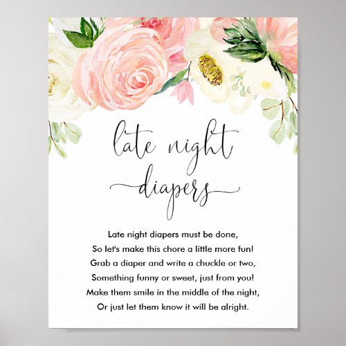 Late night diapers baby shower game sign pink gold