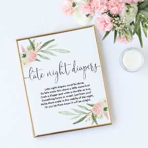 Late night diapers baby shower game sign pink gold