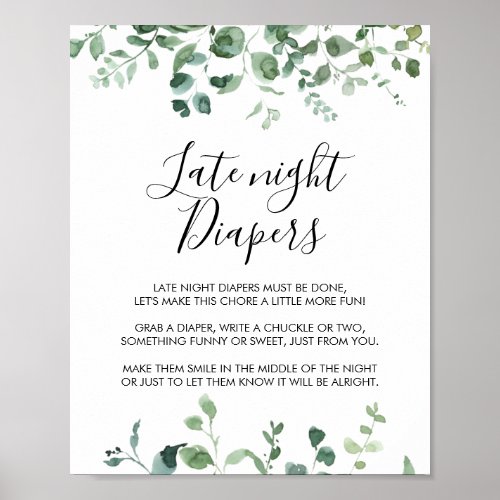 Late Night Diapers Baby Shower Green Foliage Sign