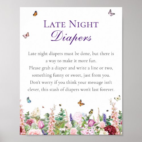Late Night Diapers Baby Shower  Pink Flowers Poster
