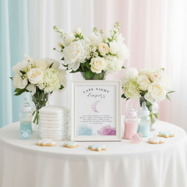 Late Night Diapers Baby Shower Pink Moon Sign (A sweet and simple diaper note station that works beautifully with any shower theme.)