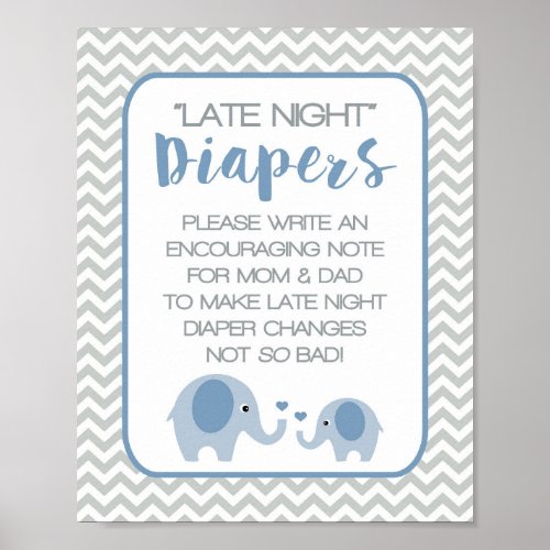 Late Night Diapers Baby Shower Sign Blue Elephants