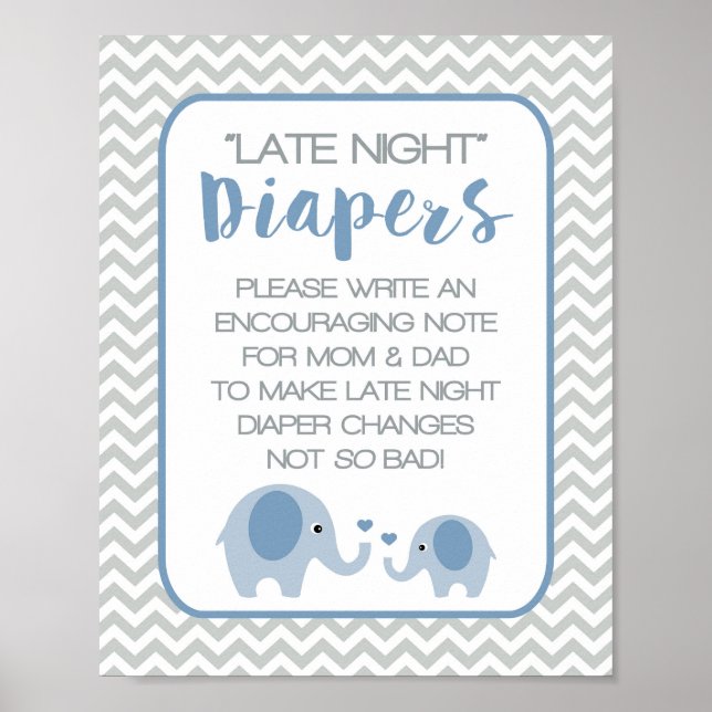 Late Night Diapers Baby Shower Sign Blue Elephants (Front)