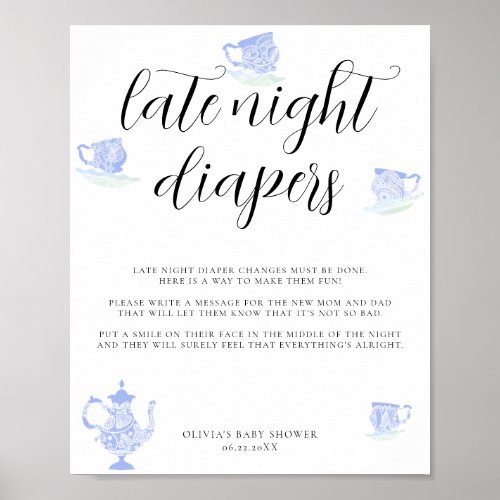 Late Night Diapers Baby Tea China Blue White Lace Poster