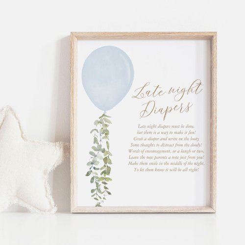 Late Night Diapers Blue Balloon Boy Baby Shower Poster