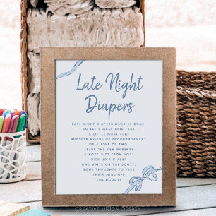 Late Night Diapers Blue Bow Baby Shower Game Sign