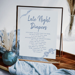 Late Night Diapers Blue Bow Baby Shower Game Sign