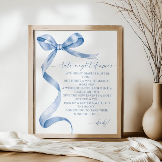 Late Night Diapers Blue Bow Baby Shower Poster (Creator Uploaded)