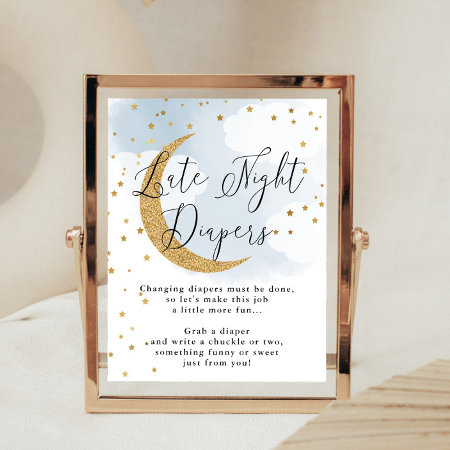 Late Night Diapers Blue Gold Moon Baby Shower Game Poster