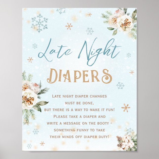 Late Night Diapers Blue Gold Winter Baby Shower Poster (Front)