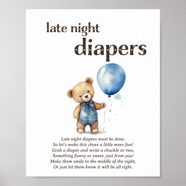 Late Night Diapers Boy Baby Shower Game Poster (Front)