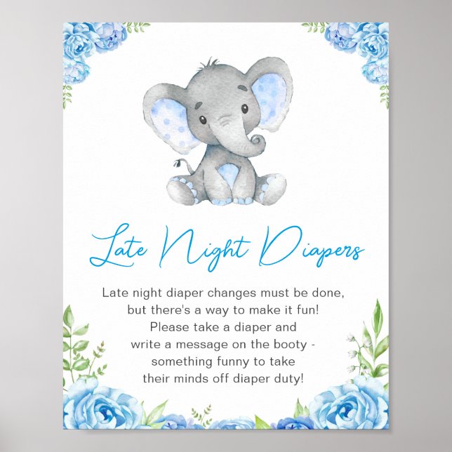 Late Night Diapers Boy Elephant Baby Shower Peanut Poster (Front)