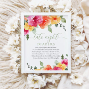 Late night diapers colorful floral baby shower poster
