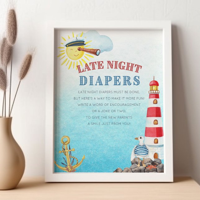 Late Night Diapers Cute Nautical Baby Shower Poster (Late Night Diaper Game Sign from my Ahoy it's a boy Nautical Baby Shower collection)