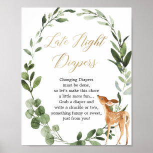 Late night diapers Deer greenery gold baby shower Poster