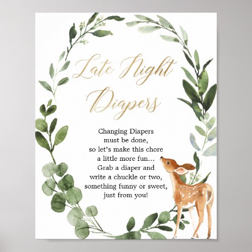 Late night diapers Deer greenery gold baby shower  Poster