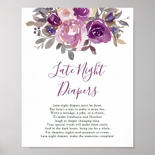 Late Night Diapers Dusty Mauve Purple Baby Shower Poster