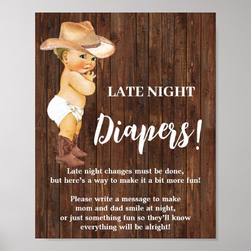Late Night Diapers Game Cowboy Baby Shower Sign
