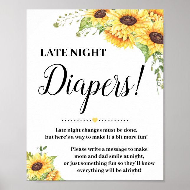 Late Night Diapers game sign Baby shower sunflower (Front)