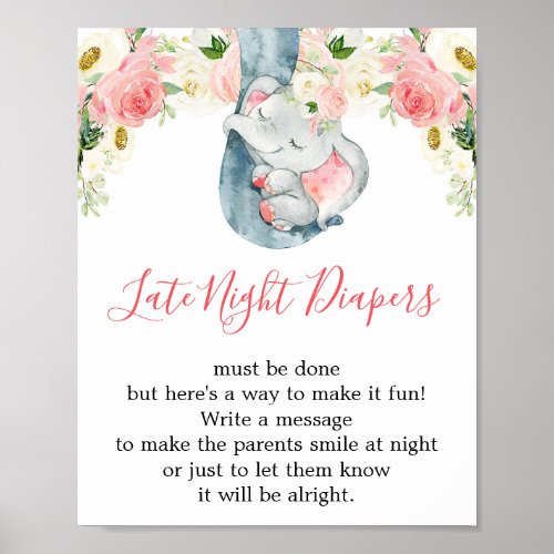 Late night diapers girl baby shower elephant sign