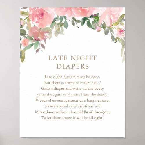 Late Night Diapers Pink Floral Baby Shower Poster