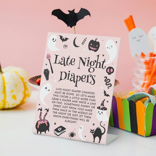 Late Night Diapers Pink Halloween Baby Shower Game Pedestal Sign (Creator Uploaded)