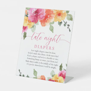 Late night diapers pink orange bright floral pedestal sign