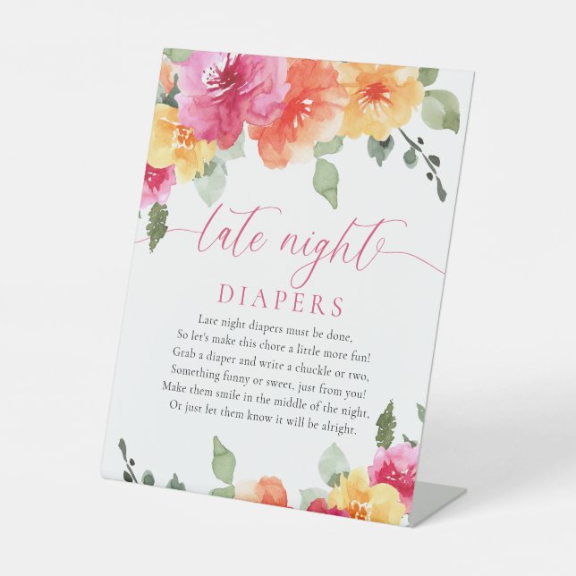 Late night diapers pink orange bright floral pedestal sign (Front)