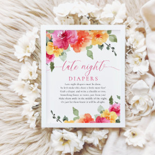 Late night diapers pink orange bright floral poster