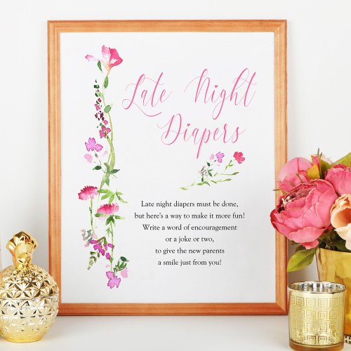 Late Night Diapers Pink Wildflower Baby Shower Poster
