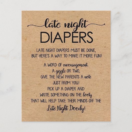 Late Night Diapers Printable, Rustic Baby Shower (Front)