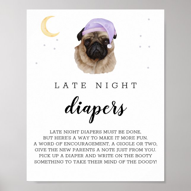 Late Night Diapers Pug Watercolor Sign (Front)
