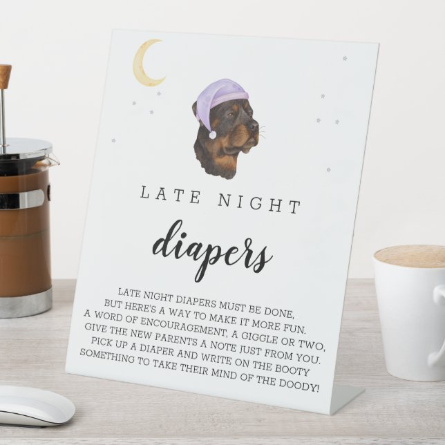 Late Night Diapers Rottweiler Baby Shower Pedestal Sign (In SItu)