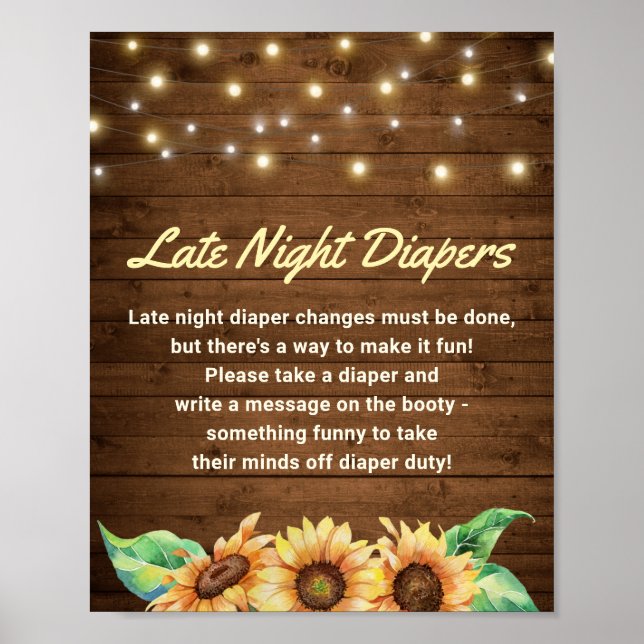Late Night Diapers Rustic Sunflower Baby Shower Poster (Front)