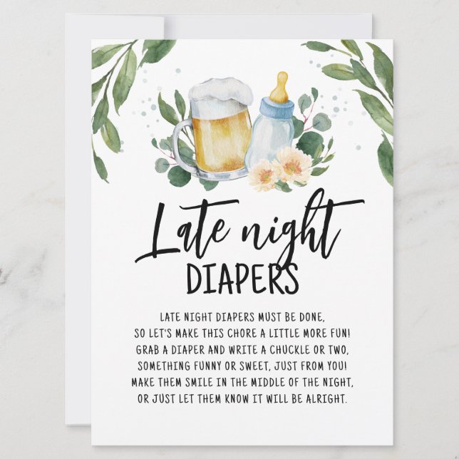 Late Night Diapers Sign Baby Is Brewing Greenery Invitation (Front)