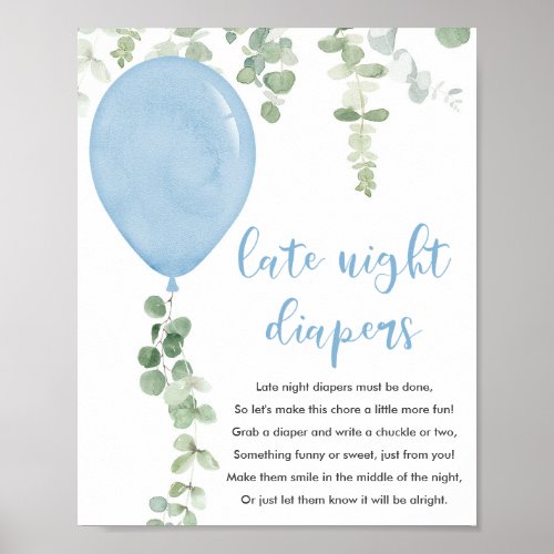 Late night diapers sign blue balloons baby shower