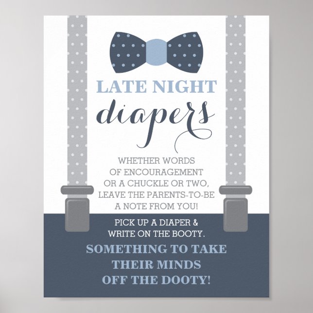 Late Night Diapers Sign, Bow Tie, Blue and Gray Poster (Front)
