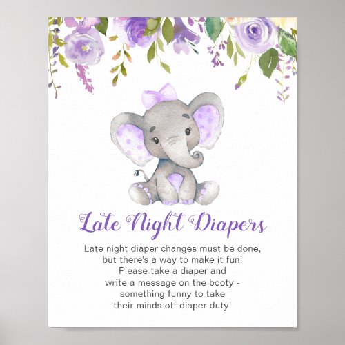 Late Night Diapers Sign Elephant Baby Shower Girl